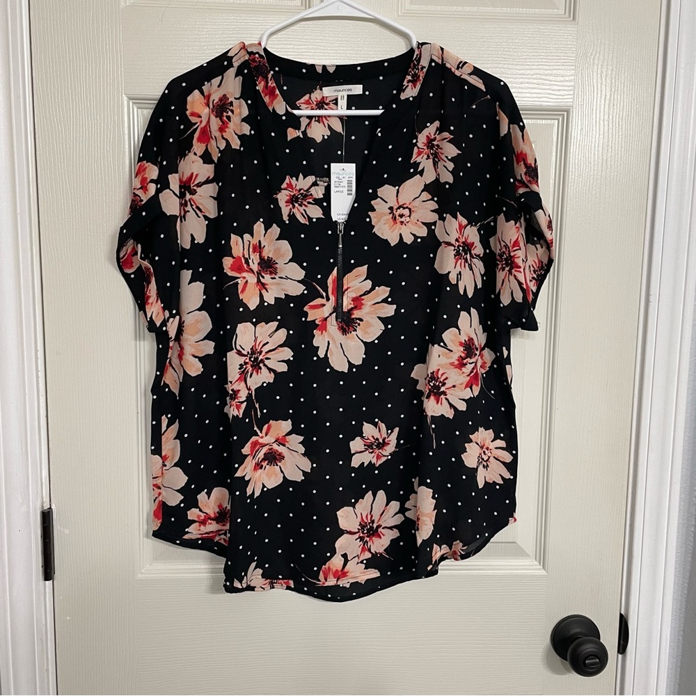 Maurices Geneva Floral Zipper Neck Blouse L